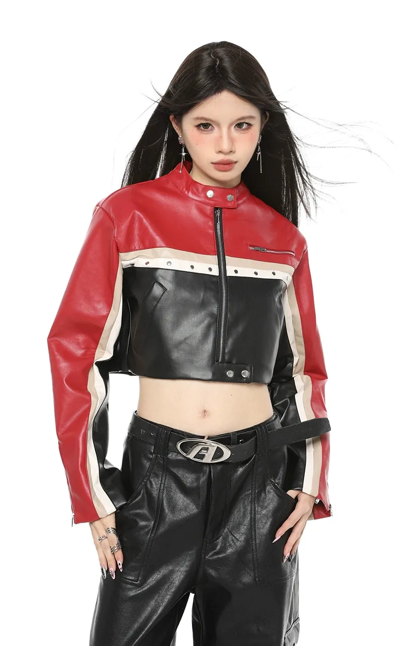 Boxy Cropped Faux Leather Racer Jacket