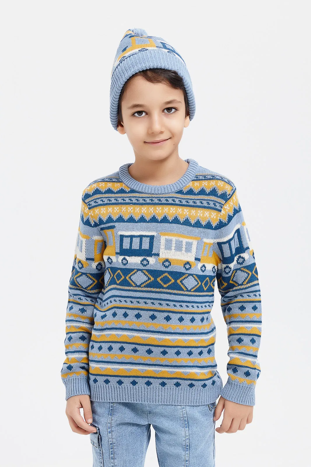 Boys Blue Printed Jumper With Hat Set (2 Piece)