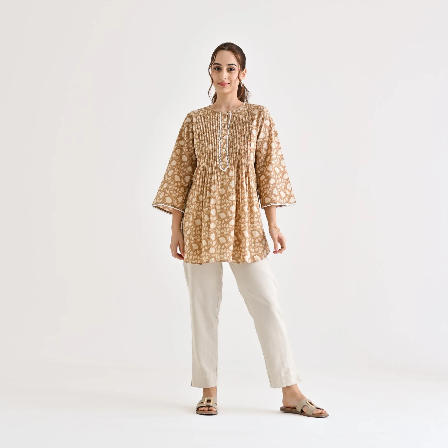 Brown Sanganeri Cotton Printed Tunic with Pintuck & Lace Details