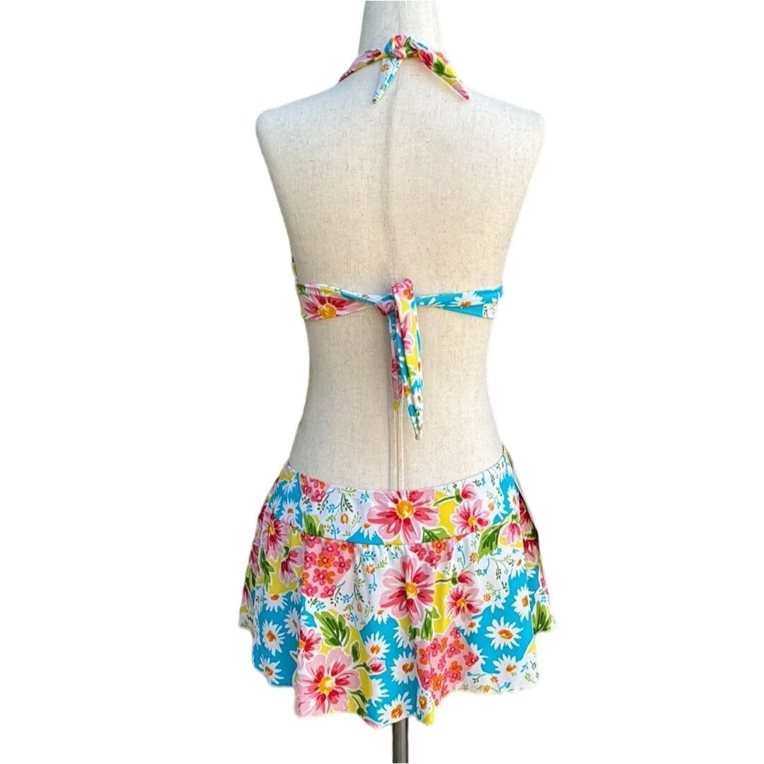 Cazimi Women's Floral Tie Neck Back Halter Bikini Top & Bikini Skirt Set Size 14