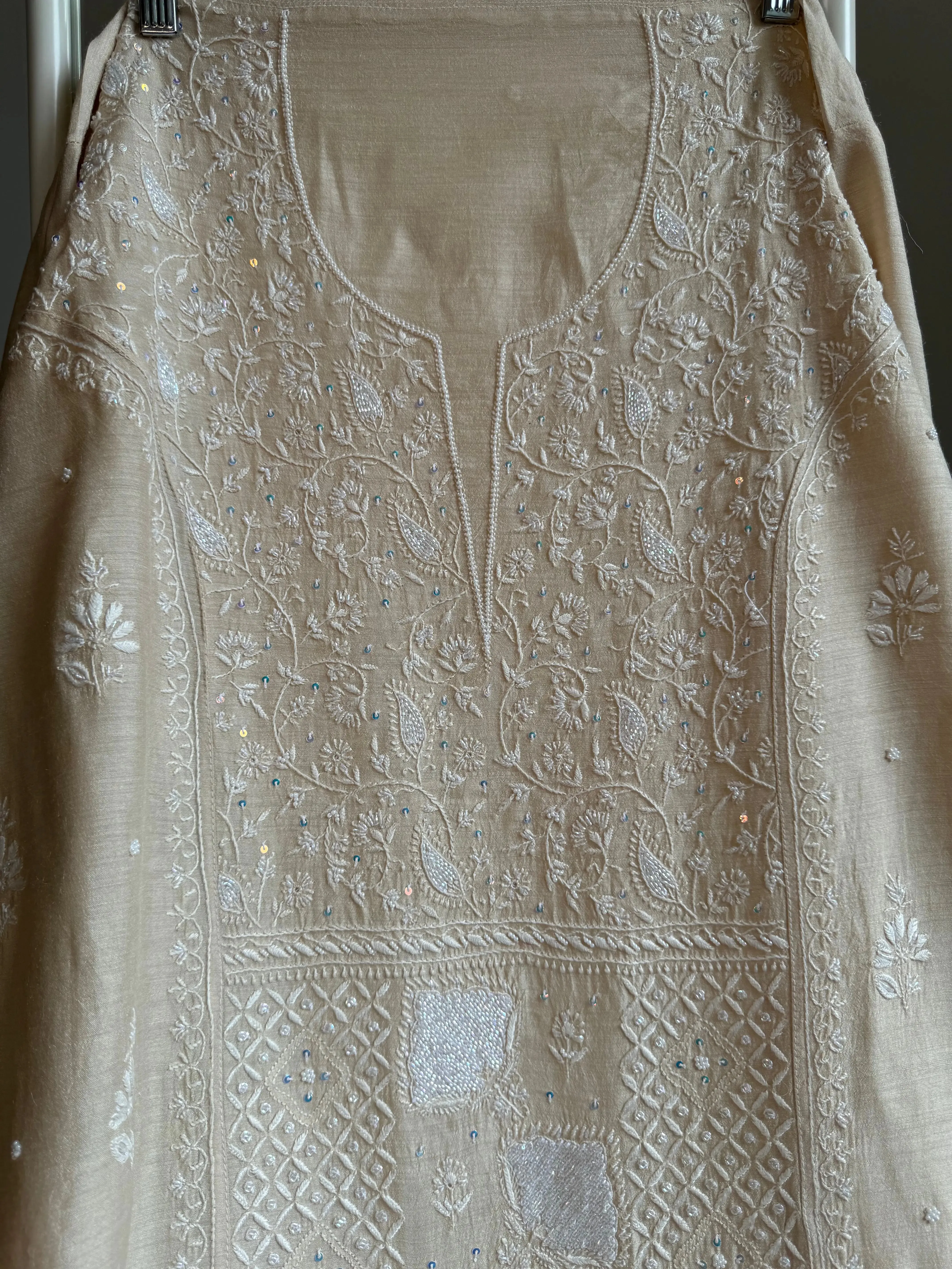 Chikankari Silk Straight Semi Stitched - Beige