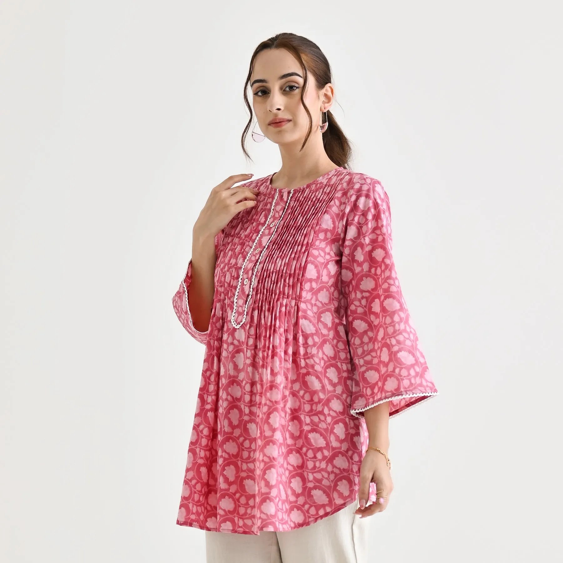 Dusty Pink Sanganeri Printed Cotton Tunic with Pintuck & Lace Details