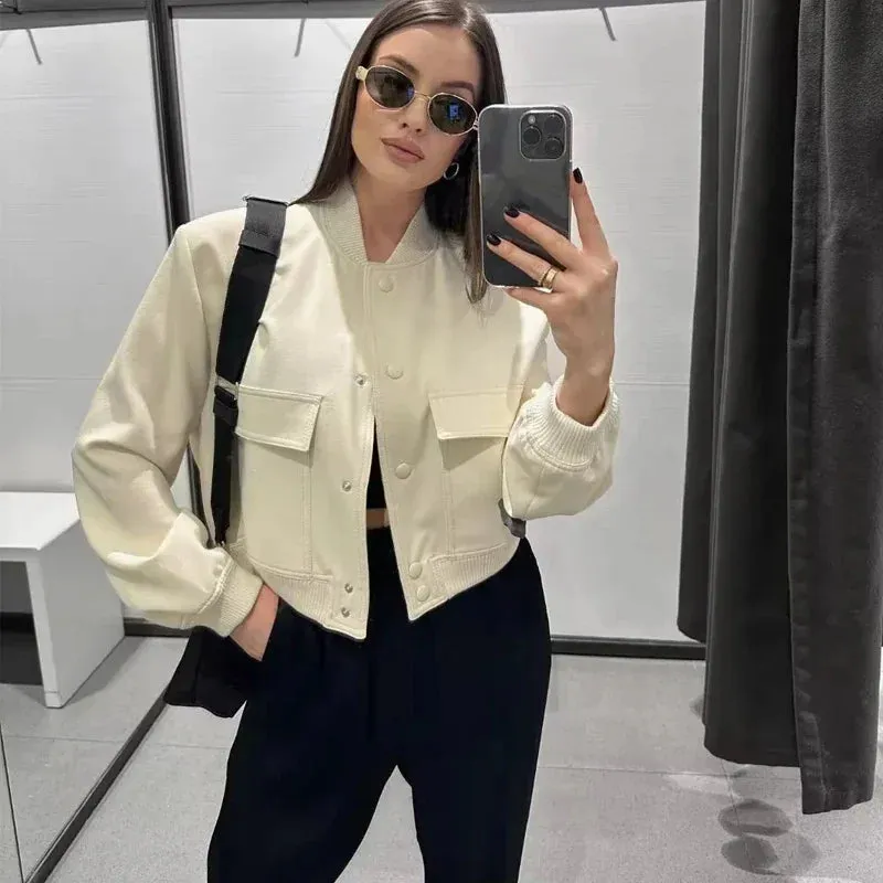 Fashionkova Woman Bomber Jacket Coat White Autumn Winter Button Baseball Aviator Cropped Jackets for Women Long Sleeve Crop Outerwear