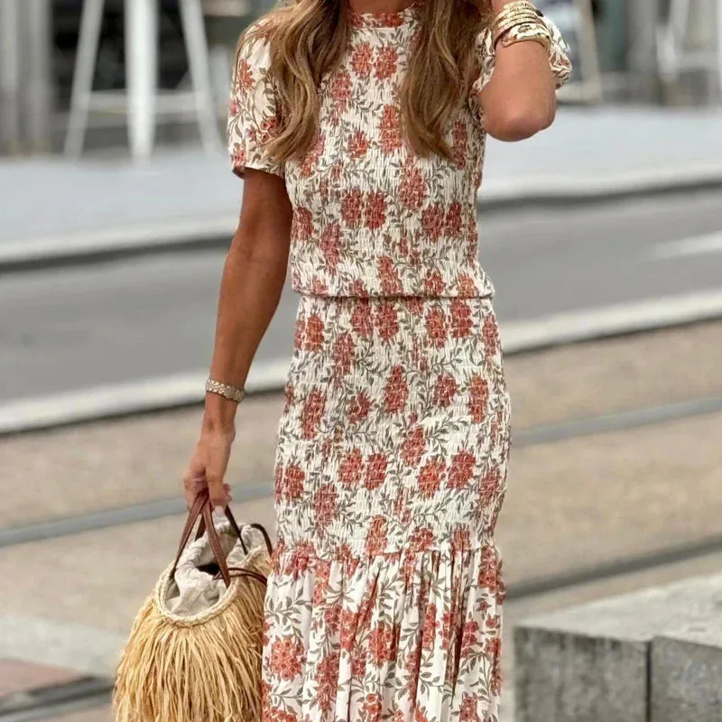 Floral High Long Elegant Short Slim Casual Street Pleated Summer Vintage Dress