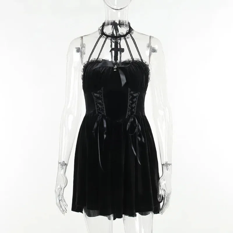 Gothic Vintage Cocktail Velvet Party Draped Backless Bodycon A-Line Halter Outfit Lace Criss-Cross Sleeveless Frock