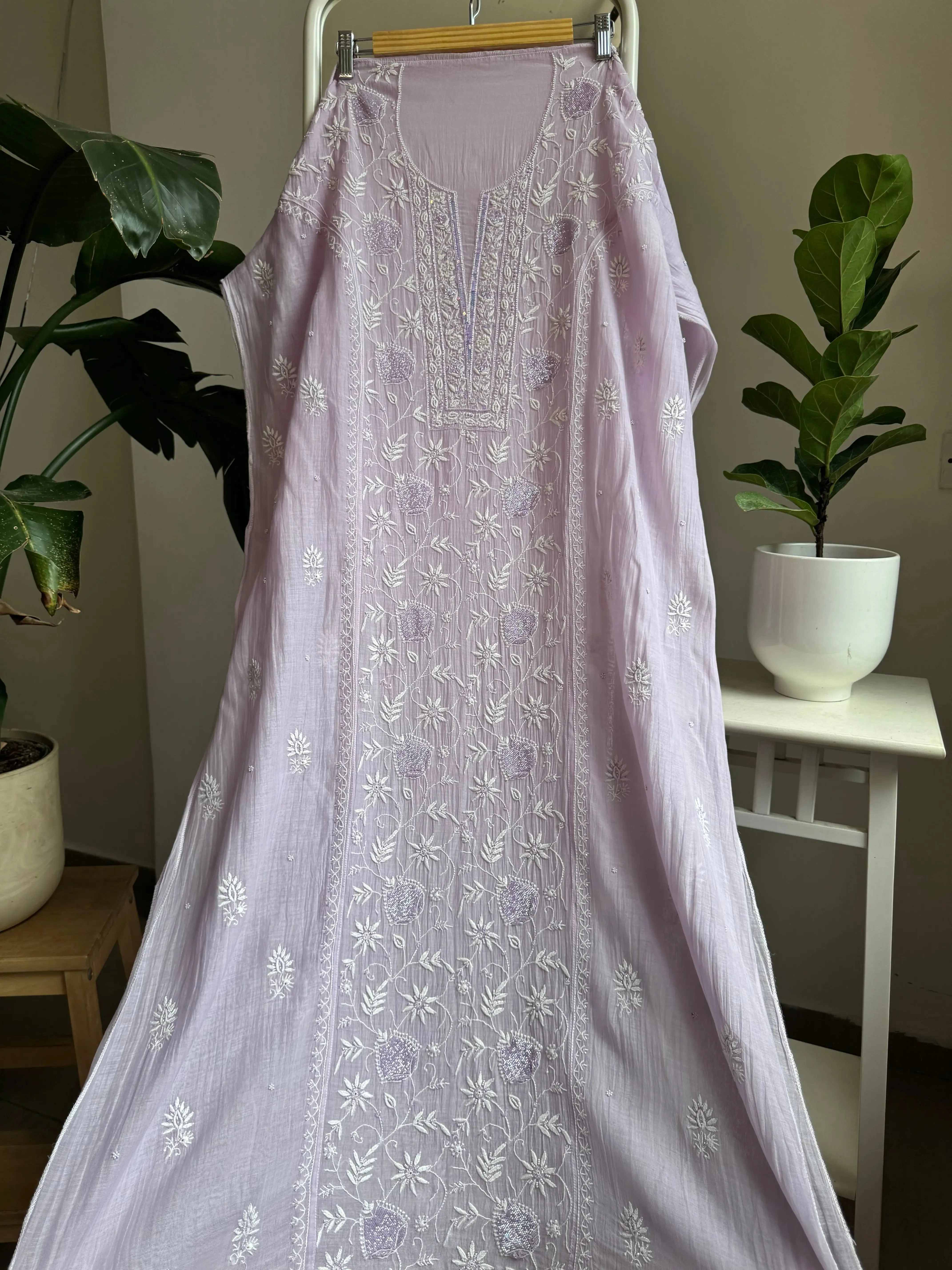 Mul Chanderi Chikankari Straight Tunic - Lilac