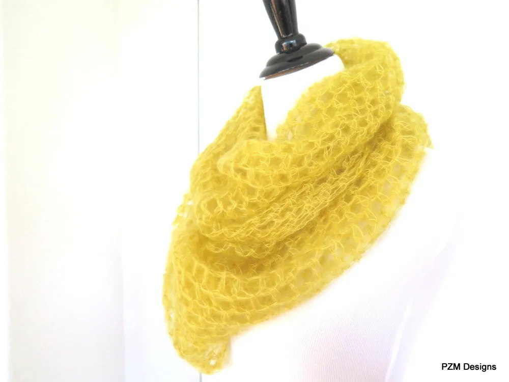 Mustard Yellow Silk Mohair Loop Scarf, Hand Crochet Large Infinity Scarf