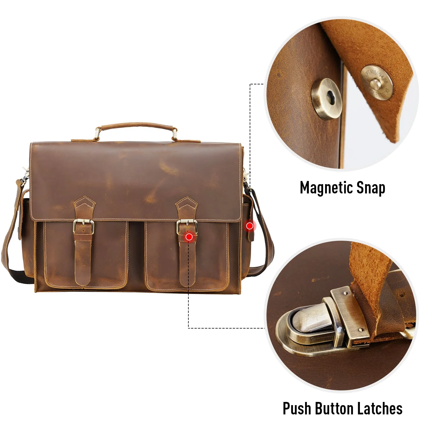 Polare Mens Full Grain Leather Laptop Briefcase Business Messenger Bag Satchel with YKK Metal Zippers