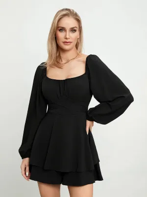 Ruffle Dress Square Neckline Lantern Sleeve Ruched Multi-Layered Summer Vintage Romper