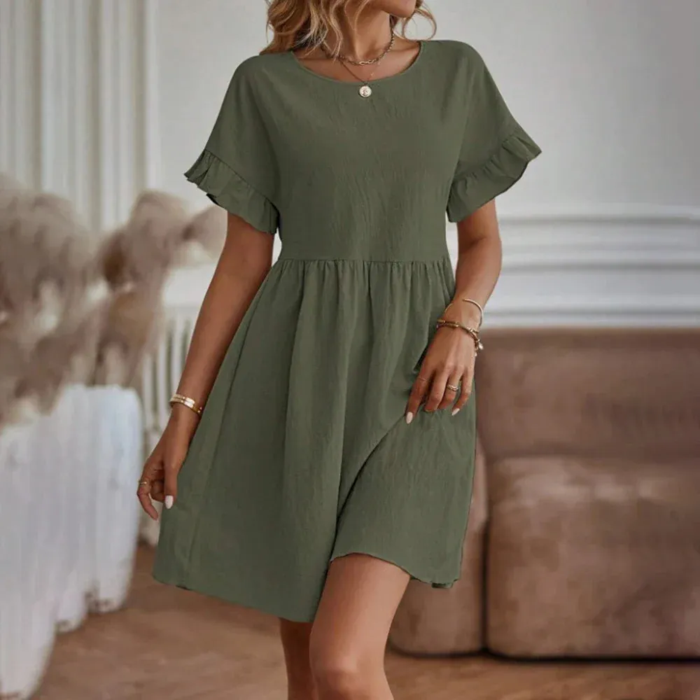 Summer Short Sleeve Loose Solid Fashion Slim Sun Casual Beach Sexy Dress