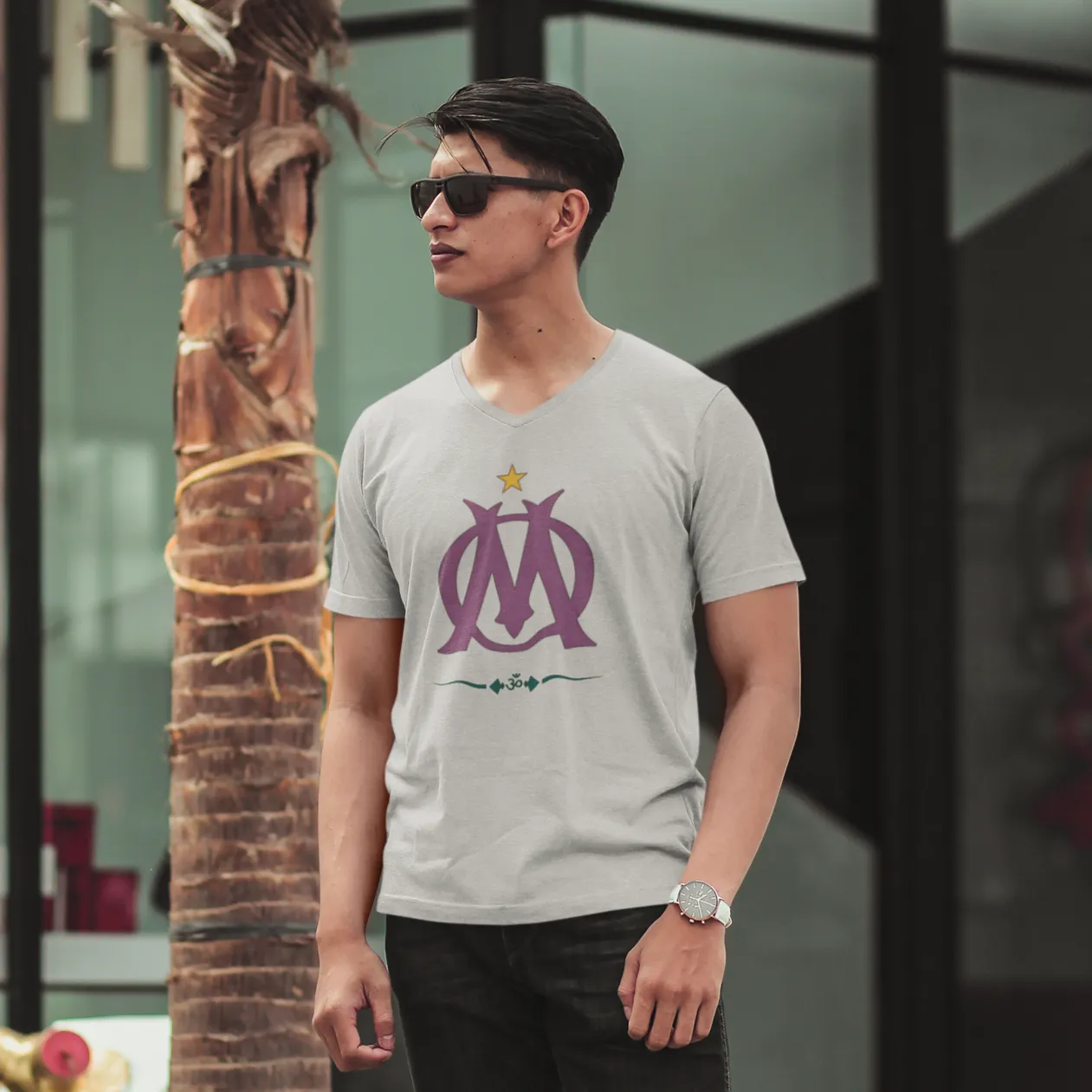 V Neck Cotton T Shirt with Stylized Om Graphics Print D66