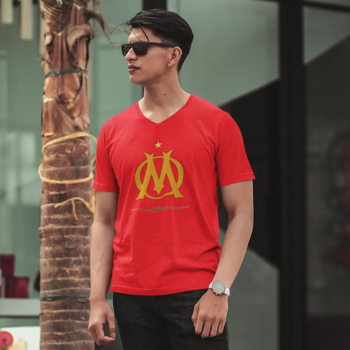 V Neck Cotton T Shirt with Stylized Om Graphics Print D66