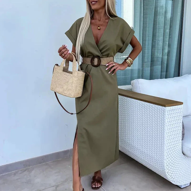 V-neck High Waist Office A-line Solid Party Casual Short Sleeved Split Vestido Summer Lady Dress